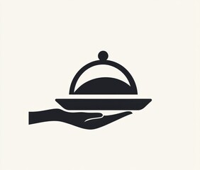 Fototapeta premium Minimalistic logo featuring a hand holding a cloche over a food tray, ideal for culinary or hospitality branding concepts.