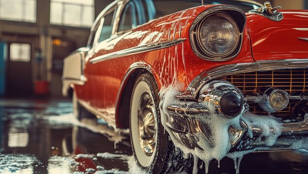 Red classic car with whitewall tires being washed.