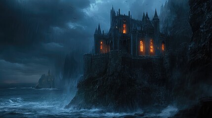 Fototapeta premium A dark, enchanted castle with glowing windows, sitting atop a cliff overlooking a vast, stormy sea.