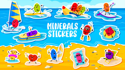 Fototapeta premium Cartoon micronutrient and mineral characters on summer beach vacation, vector stickers pack. Funny happy nutrition minerals characters stickers of potassium on banana boat and iron on surfboard