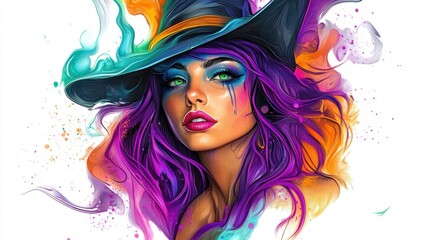 Obraz premium Enchanting Witch with Purple Hair and a Wide-Brimmed Hat