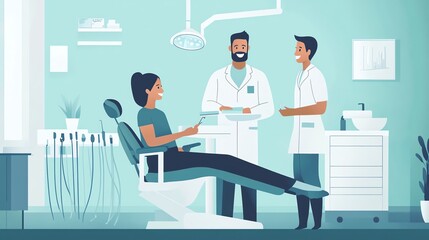 A friendly dentist and assistant greet a patient in a modern dental office.