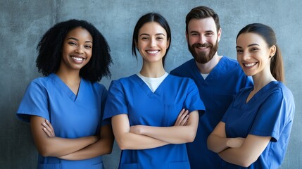 A diverse group of four healthcare professionals stand together, arms crossed, wearing blue scrubs.