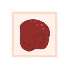 Pomegranate square stamp. Juicy fruit retro sticker. Vector hand drawn illustration