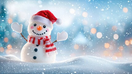 Fototapeta premium Snowman with Santa Hat in Snowy Scene
