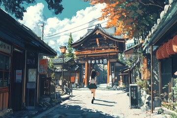 Obraz premium Anime girl walking through a traditional Japanese street with a torii gate in the background