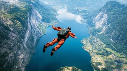 A skydiver plunges towards a stunning mountain lake, the turquoise water contrasting with the lush green slopes.