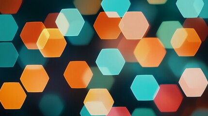 Abstract hexagonal bokeh lights in shades of orange, blue, and green against a dark background.