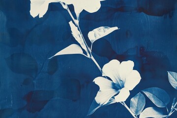 White flowers on a deep blue background, showcasing a serene and artistic floral design with delicate petals and leaves