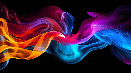 Vibrant, colorful smoke swirls blend harmoniously against a dark background, creating an abstract artistic design.