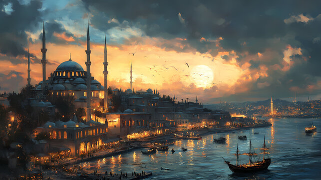 Vintage oil painting landscape view of istanbul with a majestic mosque at night during ottoman empire. Byzantine Empire. Illustration