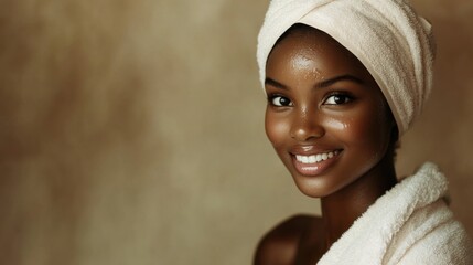 Obraz premium A Woman with a Towel Wrapped Around Her Head, Smiling