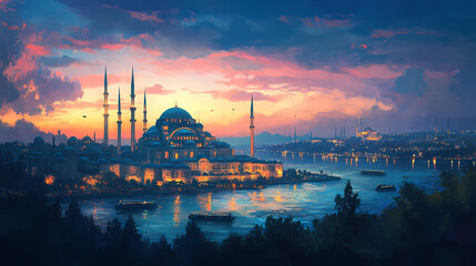 Obraz premium Vintage oil painting landscape view of istanbul with a majestic mosque at night during ottoman empire. Byzantine Empire. Illustration