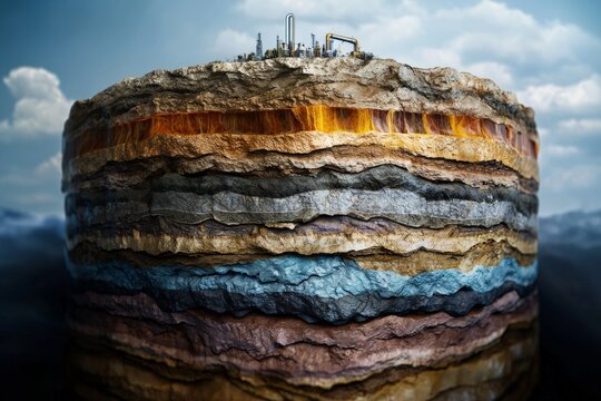 A detailed cross-section of an underground oil reservoir, with layers of rock and oil deposits clearly visible, emphasizing the geological challenges of petroleum exploration