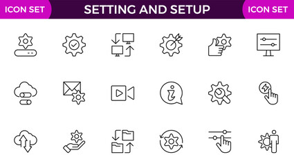 Setting and setup Solid icon collection. app and website settings icon set. options, configuration, preferences, adjustments, tools, gear, control panel, management, and productivity icons.