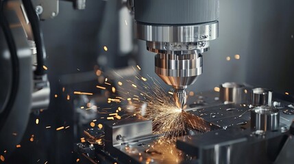 A detailed shot of a CNC machine cutting through metal, with sparks flying, capturing the intensity and accuracy of industrial equipment in operation