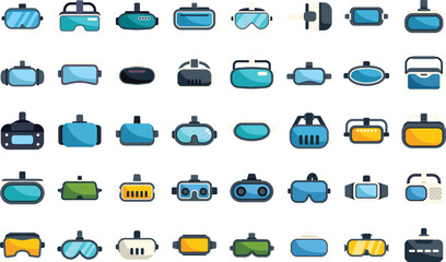 Obraz premium Large set of virtual reality glasses icons in different models and colors, showing the latest technology