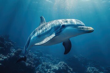 Naklejka premium Dolphin Swimming Gracefully Over Coral Reef in the Depths of the Clear Blue Ocean