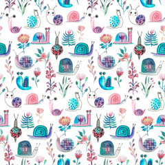 Watercolor snails, seamless pattern on a white background.