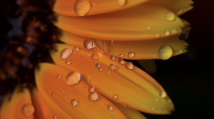 A close-up of a flower petal adorned with water droplets, showcasing the clarity and reflection of the droplets against the soft texture of the petal. The image features rich, warm colors with a grad