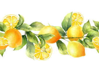 Hand-drawn pattern, seamless fruit border of lemons and leaves