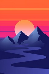 Geometric Mountains Against a Vibrant Sunset, vector art.