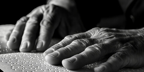 Hands of a visually impaired person reading a Braille book, with their fingers gently gliding over the raised dots on the page.