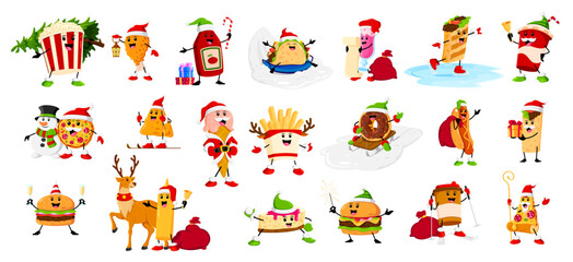 Fototapeta premium Cartoon Christmas fast food characters. Vector pop corn, chicken leg and ketchup, taco, cocktail, burrito and cola cup. Pizza, nachos, ice cream and French fries with donut or hot dog, cake or coffee