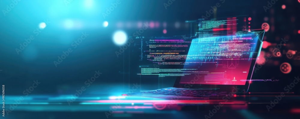 Poster modern laptop displaying complex code and data visualizations in a futuristic digital workspace