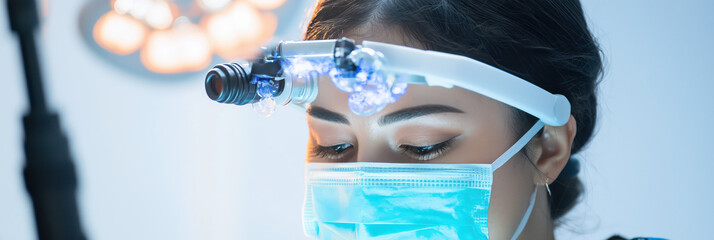 focused surgeon wearing mask and surgical headlight during operation - Powered by Adobe