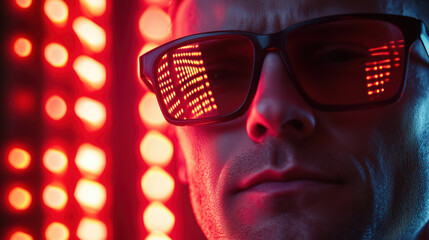 Red light therapy glasses, modern clinical style, glowing lights, health focus