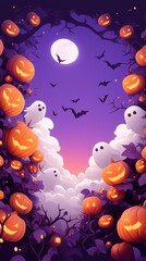 Spooky Halloween festive banner concept with ghosts, pumpkins and bats