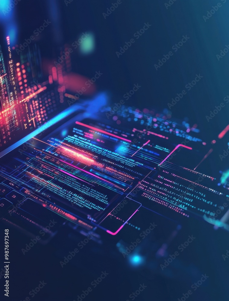 Poster modern laptop displaying code and data visualizations with digital neon effects on a dark background