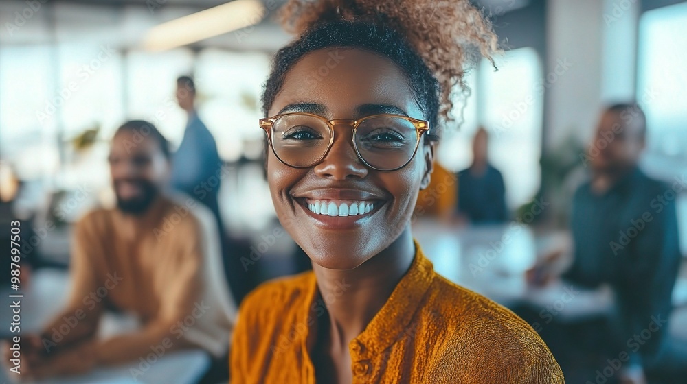 Poster Confident Woman in Modern Office: A vibrant and successful Black businesswoman smiles radiantly, exuding confidence and professionalism in a modern office setting.