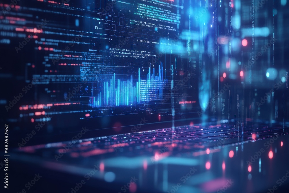 Poster futuristic laptop displaying digital data and code in a vibrant, high-tech environment with abstract