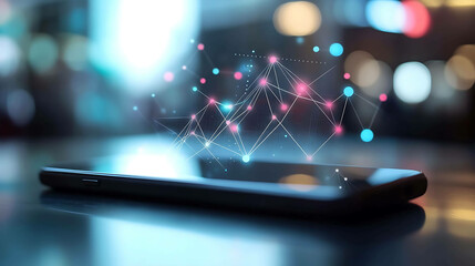 A smartphone with a glowing network of connected dots.