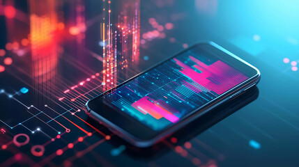 A smartphone lies on a glowing digital background, displaying a vibrant graphic.