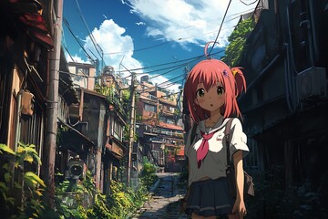 Obraz premium Anime girl in school uniform walking down an alleyway in a Japanese city