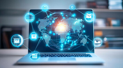 Laptop computer with glowing globe and digital network icons.