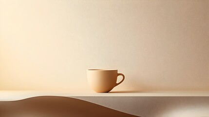 A simple beige ceramic mug sits on a light brown surface, the perfect backdrop for a minimalist aesthetic.