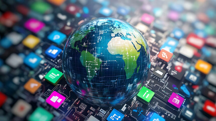 Obraz premium A 3D globe on a circuit board with colorful icons, representing the internet and global connectivity.