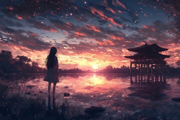 Silhouette of a girl watching the sunset over a lake with a pagoda in the background