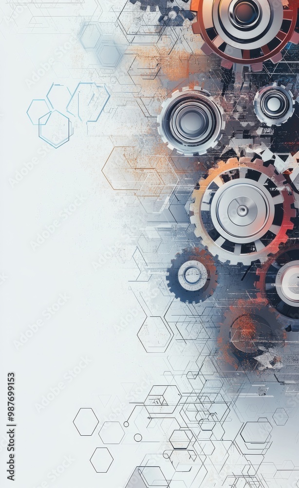 Poster abstract mechanical gears and hexagons on a light gray background showcasing complex engineering des