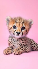 Obraz premium Cute Cheetah Cub on Pink Background.