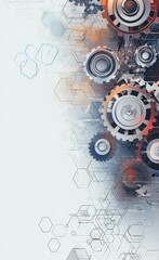 Abstract mechanical gears and hexagons on a light gray background showcasing complex engineering design and technology concept