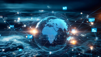 Obraz premium A digital globe connected to various icons and lines.
