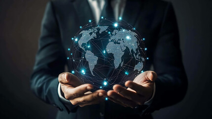 Businessman holding a digital globe in his hands.