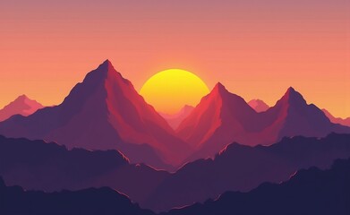 Geometric Mountains Against a Vibrant Sunset, vector art.