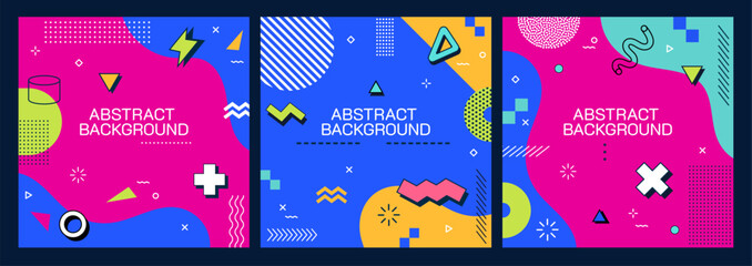 Abstract geometric Memphis banners. Modern square templates. Vector playful cards or media posts feature vibrant colors, simple shapes and bold patterns in retro-modern style of 1980s design movement