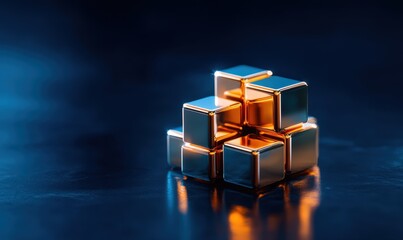 Golden Cubes on Blue Background.